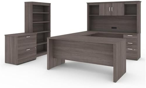 Pemberly Row Modern U-Shaped Engineered Wood Desk with Hutch File and Bookcase, Fully Reversible Unit, Assembly Required, for Home Office, in Bark Gray Finish - Thumbnail 4
