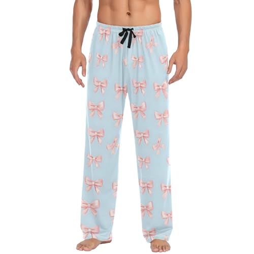 Men’s Small Pink Bows Pajama Pants with Pockets, Comfortable Lounge Sleep Bottoms#325