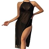 Strandkleid Damen Netz Transparent Sexy Sommer Elegant Lang Sarong Tuch Leichte Urlaub Luftiges Strandponcho Strandoutfit Badeanzug (Black, L)
