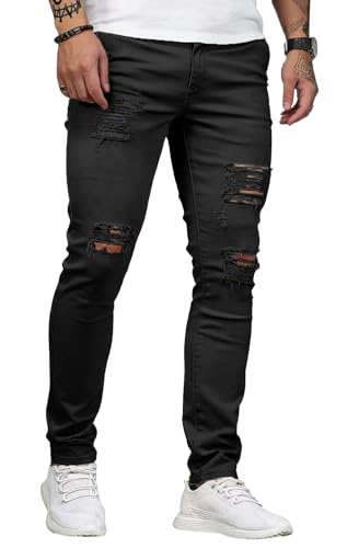 Image of HUNGSON Men's Blue Slim Fit Jeans Stretch Destroyed Ripped Skinny Jeans Side Striped Denim Pants
