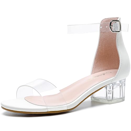Image of Dufannie Girls Sandals Low Heels Dress Pump Ankle Strap Open Toe Flower Girl Wedding Party for Toddler Little Big Kid