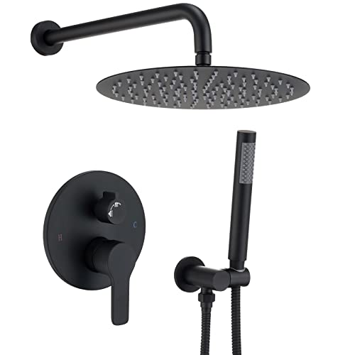 Iriber Matte black Shower System Wall Mounted Shower Faucet Mixer Set with 10 Inches Rain Shower head and Handheld, Bathroom Shower Trim Kit Contain Pressure Balance Valve