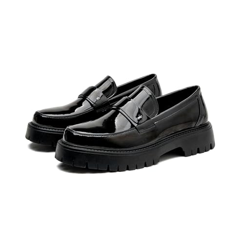 Men's Patent Leather Platform Penny Loafers Fashion Round Toe Slip-On Lug Sole Dress Shoes for Business Work Daily Wear