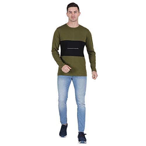 Image of Men Olive Green Black with Zip Detail Color Block Round Neck Cotton Full Sleeve T-Shirt