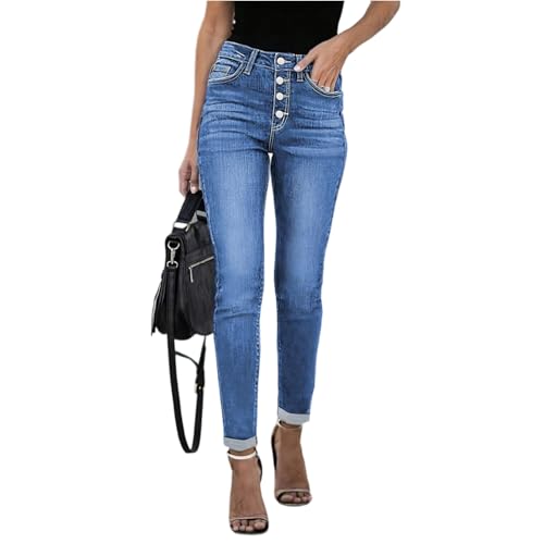 Jeans for Women Trendy Jeggings High Waisted Button Fly Skinny Jeans Cuffed Denim Ankle Pants with Pockets