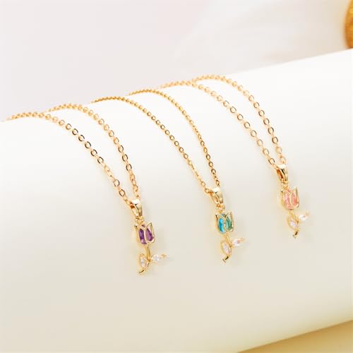 Image of coadipress Tulip Flower Pendant Necklace for Women Dainty Elegant Boho Temperament Crystal Tulip Necklace Trendy Statement Friendship Jewelry
