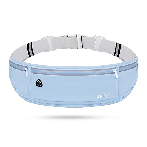 Image of USHAKE Slim Running Belt, Workout Fanny Pack for Men Women,Exercise Waist Pack for Apple iPhone Holder, Runner Belt for Running Walking Cycling Camping Gym Light Blue