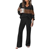 RUMIA Two Piece Sets for Women Loose Fit Fall Fashion Sweater Pant Sets Travel Outfits Airport Ouffits Black Caramel M
