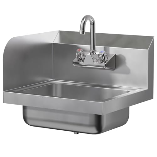 Image of AmGood Stainless Steel Wall Mount Hand Sink with Faucet and Left Sidesplash 17 inch x 15 inch | NSF Commercial Hand Washing Basin For Restaurant, Kitchen and Home | Bowl Size: 10 inch x 14 inch