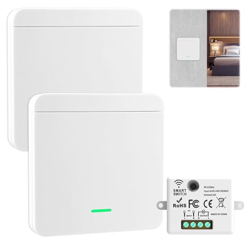Kit de 2 Interruptores de Luz Inalámbrico con y 1 Receptor 10A 230V 433MHz de Pared