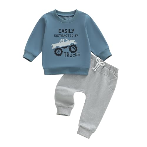 Image of WZTYYDS Toddler Baby Boy Fall Clothes Letter Truck Long Sleeve Pullover Sweatshirt Tops Joggers Pants Set Winter Outfits