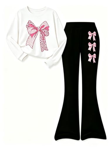 Image of Girls Clothes 2 Piece Cute Bow Print Sweatshirt & Flare Pants Fall Winter Outfits Set Size 7-14Y
