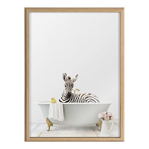 Kate And Laurel Blake Zebra Cottage Bathroom Framed Printed Glass Wall Art By Amy Peterson Art Studio, 18X24 Natural, Decorative Zoo Animal Art For Wall #TOP4