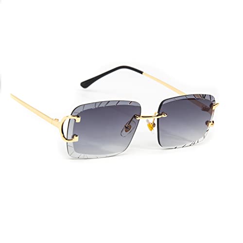 Rimless Gem Cut Unisex Square Luxury Retro 90's Hip Hop Diamond Cut lens Purple Smoke Tint Lens Gold Wire Frame Sun Glasses Frameless Rectangle Summer Shades Sunglasses For Men And Women