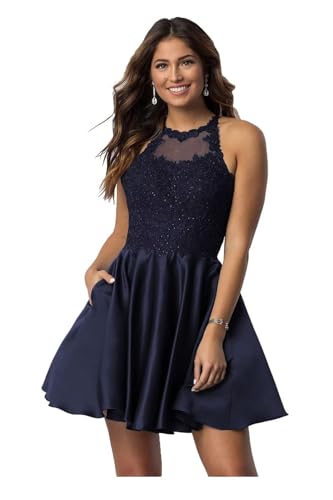 Lace Applique Satin Homecoming Dresses Short Halter Prom Dress with Pockets Backless A-Line Formal Cocktail Gown