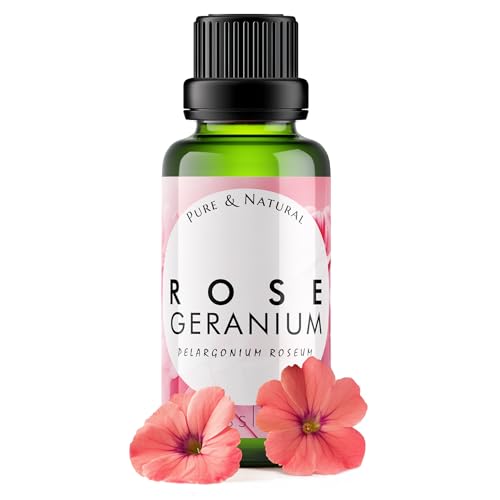 Image of Esslux Geranium Essential Oil - 100% Pure & Natural Rose Geranium Oil for Skin & Hair | Calming Aromatherapy Oil for Diffuser, Soap Making, and DIY Projects | Perfect for Stress Relief (60ml)