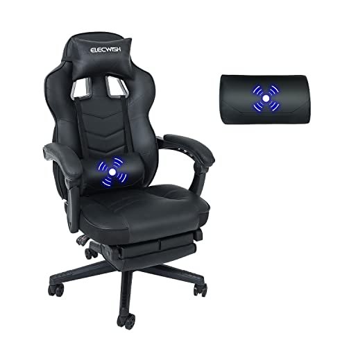 YU YUSING Massage Chaise Gaming Ergonomique Racing Chaise de Bureau avec Réglage de Hauteur, Repose-tête et Soutien des Lombaires, PU Cuir avec Repose-Pieds Rétractable, (Noir) Cover
