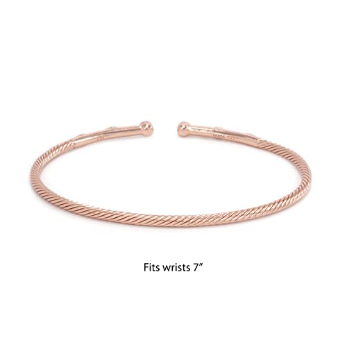New Beginnings By Janyl Adair - Rose Gold Plated .925 Sterling Silver White Zircon 2Mm Cable Rope Finial Cuff Bracelet - Handmade By Thailand Artisans - 7" #TOP1