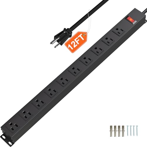 Image of 10 Outlet Metal Power Strip with 12Ft /125V /15A Long Extension Cord Black Heavy Duty Power Strip for Kitchen,Office,School,Commercial,Workshop,Industrial,ETL Certified and Listed,Black(12FT)