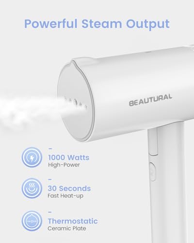 Image of BEAUTURAL Travel Steamer for Clothes, Portable and Handheld, 1000W, White | Foldable Garment Wrinkle Remover, Fast 30s Heat-up, 120V Only (Not for 220V Europe)