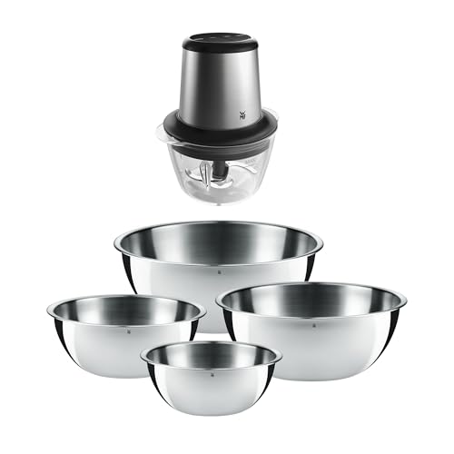 WMF Set 2-teilig Gourmet Schüsselset 4-teilig, Edelstahl Schüsseln für die Küche 0,75l - 2,75l, stapelbar und Kult X Edition Zerkleinerer elektrisch mit Glasbehälter, Blitzhacker 320 W