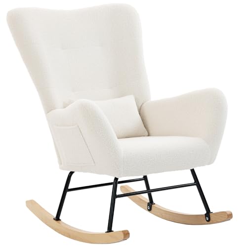 HOMCOM Silla Mecedora Moderna, Mecedora Tapizada en Terciopelo de Teddy, Sillón de Lactancia con Respaldo Acolchado Alto, Almohada, Patas de Madera, Bolsillo Lateral, para Dormitorio, Salón, Crema