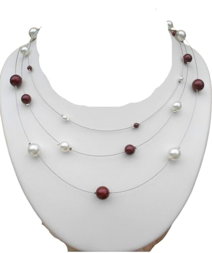 Collier 3 rangs bordeaux et ivoire- En cristal autrichien - Collier mariée - Bijoux mariage