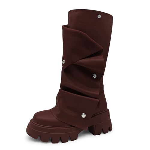 Women's Platform Fold Over Combat Boots Slouchy wide Calf chunky Heel Round Toe Western Pull on Fashion cute mardi gras shark Boot