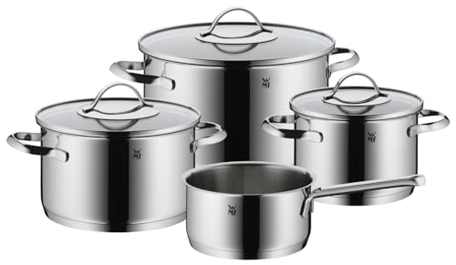 WMF Edition Aparto - Batería de cocina (4 piezas, acero inoxidable Cromargan pulido, ollas con tapa de cristal, ollas de inducción, cacerolas de inducción, cacerolas sin revestimiento)