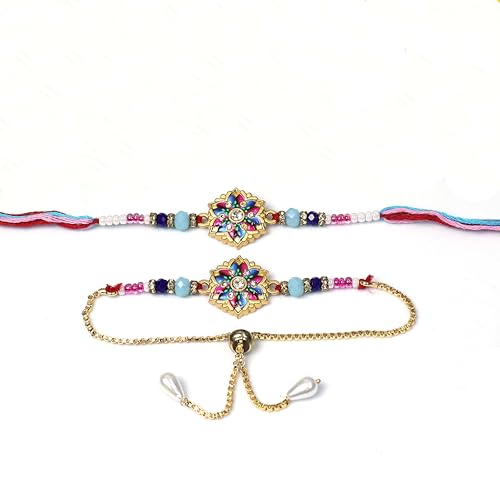Image of Oblivion Rakhi Set for Brother and Bhabhi - Peacock with Feather Gift for Bhai & Lumba for Bhabhi with Silver Colour Coin and Greeting Card - Raksha Bandhan Combo
