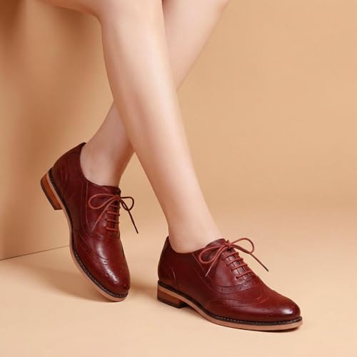 Image of Mona flying Womens Leather Wingtip Oxfords Brogue Shoes Lace-up Flats