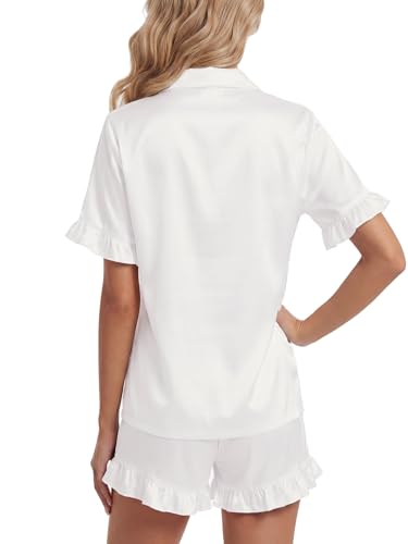 Image of Umenlele Women's 2 Piece Satin Pajama Set Cute Ruffle Short Sleeve Button Down Shirt with Shorts Summer Pjs