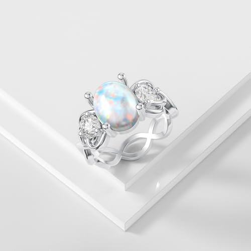 Image of 0.3 Carat Moissanite and White Opal /Blue Opal /Black Opal Engagement Ring 925 Sterling Silver 8-9 MM Heart /Round /Oval Cut Opal Moissanite Ring for Women Size 5-13