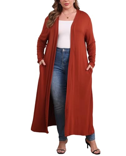 Image of Women Plus Size Floor Length Open Front Drape Cardigan Lightweight Long Sleeve Maxi Duster with Pockets 1X-5X