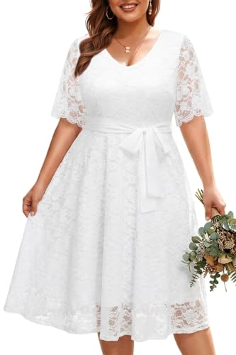 Women Plus Size White Dress Lace Bridal Shower Short Wedding Ivory Cocktail Semi Formal Courthouse V Neck Midi Dresses