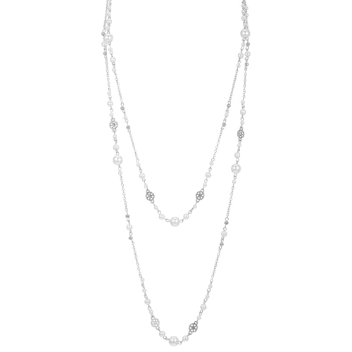 Andibro Long Silver Pearl Necklaces for Women, Trendy Dainty Layered Pearl Necklace Statement Strand Chain Fashion Jewelry Gift Sweater Accessories(Silver)