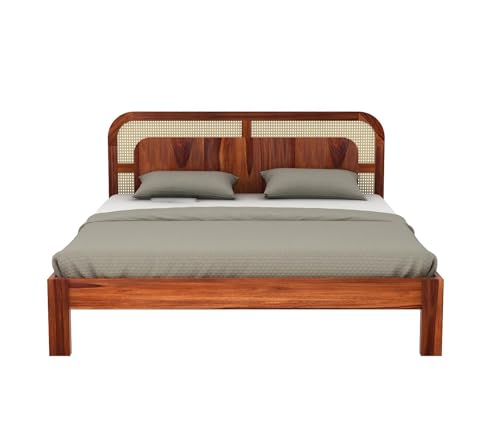 Image of Solid Sheesham Wood Queen Size Bed Without Storage for Bedroom Living Room | Wooden Double Bed Cot for Home Hotel | (Honey Finish-Emalyna, Queen Size)