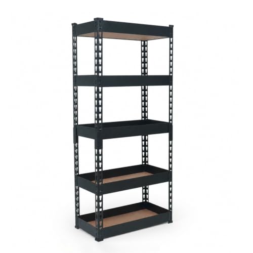 Image of Bonkaso 5 Tier Adjustable Boltless Metal Storage Rack for Home, Garage, Office & Shop | Heavy Duty Rust-Resistant Shelving Unit with MDF Wooden Shelves | Utility Display Stand, Black, (60x36x137 cm)