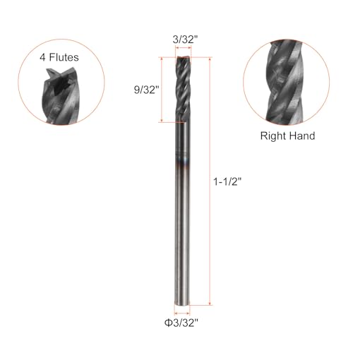 Image of HARFINGTON 5pcs Carbide Square Nose End Mill Bit 3 /32 inch Cut Dia 4 Flutes TiAlN Coated Milling Cutter for Hardened Steel Metal (3 /32 inch Shank 9 /32 inch Cut Length 1-1 /2 inch Long 45 Degree Helix)