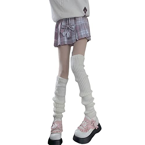 Women Girls Japanese Lolita Leg Warmer Gothic Punk Ribbed Knitted Boot Socks Harajuku Preppy Punk Cuff Ankle Heap Socks (C-Stripe White Long , One Size ) #TOP2