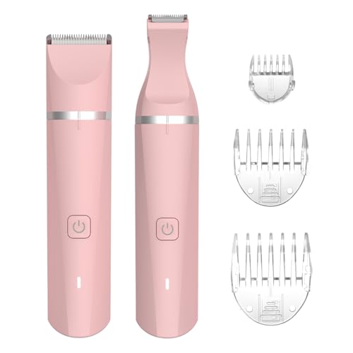 Bikini Trimmer for Women,2 in 1 Personal Elecrtric Razor Shaver Rechargeable with Snap-in Ceramic Blades,Lady Pubic Hair Private Area Legs Arms,Silver Pink