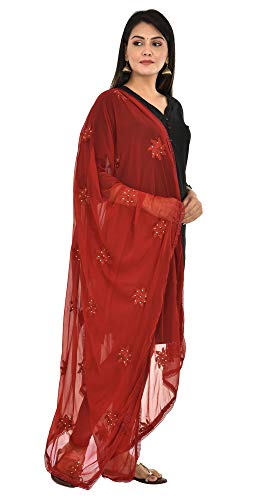 Image of YOUTHQUAKE Flower Embroidered Diamond Work Chiffon Dupatta for Womens & Girls With 4 Side Lace