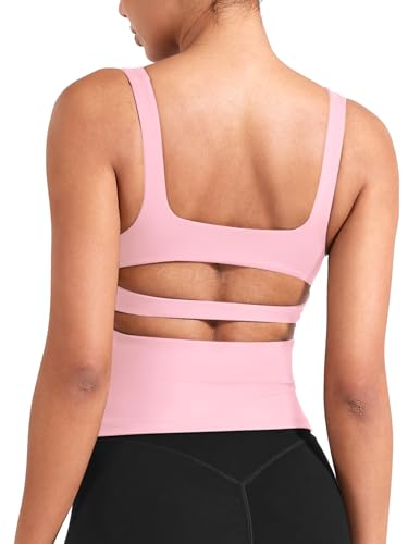 YEOREO CoreFlex Workout Tank Tops Women Open Back Built in Bra Longline Yoga Crop Top Gym Backless Padded Camisole Baby Pink XS