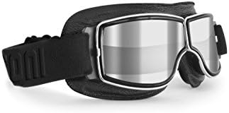 Bertoni Motorcycle Riding Goggles Black Leather Chromed Frame - Anticrash Lens -Special ventilation mod. AF188A Clear Silver Mirror Lens - Motorbike Vintage Aviator Glasses