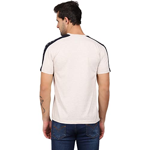 Image of Cantabil Men Off White Cotton Blend Round Neck Half Sleeve Printed T-Shirt (P MTSH00169 ECRUMELANGE)
