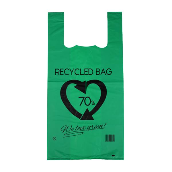 Monouso | 50 Bolsas de Plástico con Asas, 42x53cm, Color Verde, Tipo Camiseta, Reutilizables, Reciclables, Supermercado, Multiusos