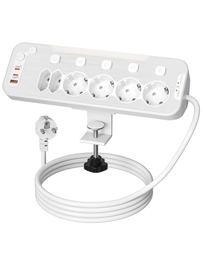 Bordsuttag med USB C,6-vägs Grenuttag för Skrivbord, PD20W Multiuttag med Oberoende Strömbrytare,Grenkontakt överspänningsskydd med Avtagbart Skrivbordsfast Aluminiumstativ,Uttagslist 2M kabel,Vit
