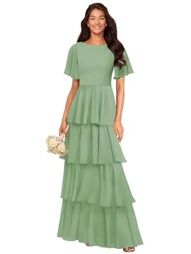 MAGGCIF Tiered Ruffles Bridesmaid Dresses with Flutter Sleeves Ch...