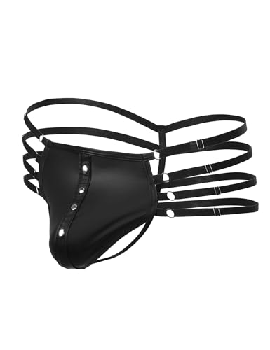 comeondear Mens Faux Leather Thong Panties Black Plus Size Jockstrap T-Back Bulge Pouch Briefs G-String with Rivet4
