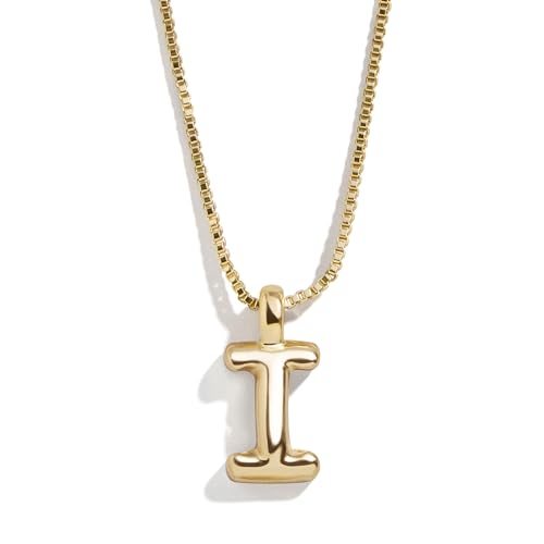 BaubleBar Gwen Gold Bubble Initial Necklace - Jewelry for Women - 3D Pendant Letter Necklace - Gold Plated Brass - Hypoallergenic Snake Chain - 18 Inch + 2" Extender, Letter I